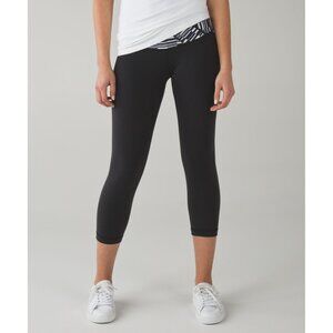 Lululemon Wunder Under Crop III Black/Ying Yang Stripe Waistband Leggings Size 6